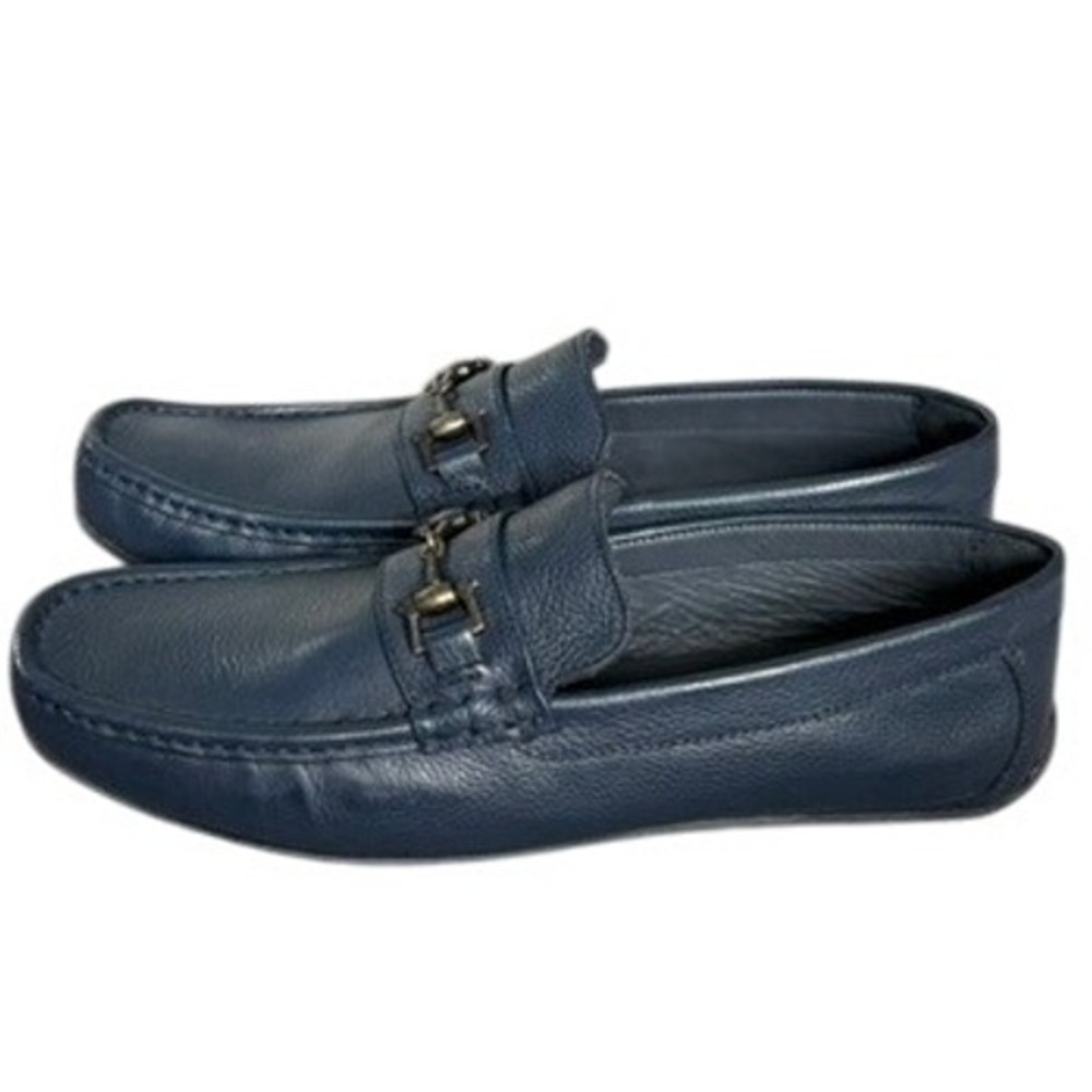 NEW Andrew Fezza Tim Leather Saddle Bit Buckle Driver Shoes Navy Sz 8 Preppy‎